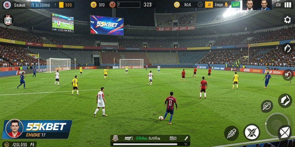 Screenshot 55KBET menunjukkan gameplay manajemen tim sepak bola yang menarik.