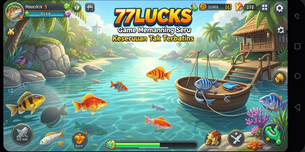 Screenshot utama 77LUCKS menampilkan gameplay memancing yang seru.