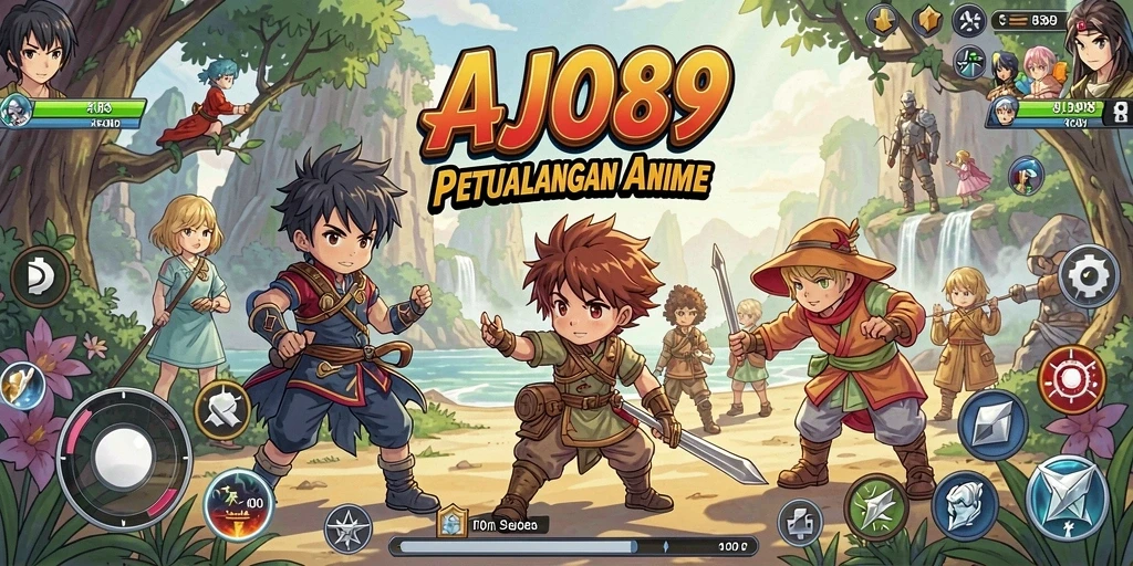 Tampilan utama AJO89 yang penuh warna dan karakter anime menarik.