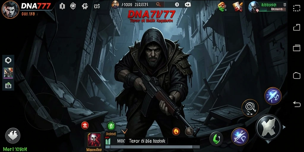 Screenshot menunjukkan suasana mencekam dalam gameplay DNA777.