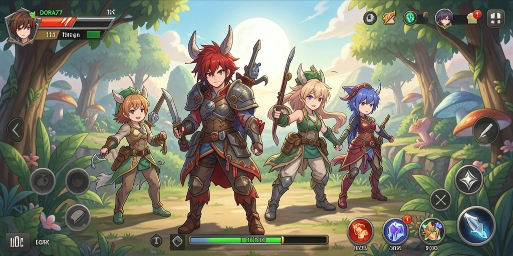 Screenshot gameplay DORA77 menunjukkan karakter Anime yang dinamis.