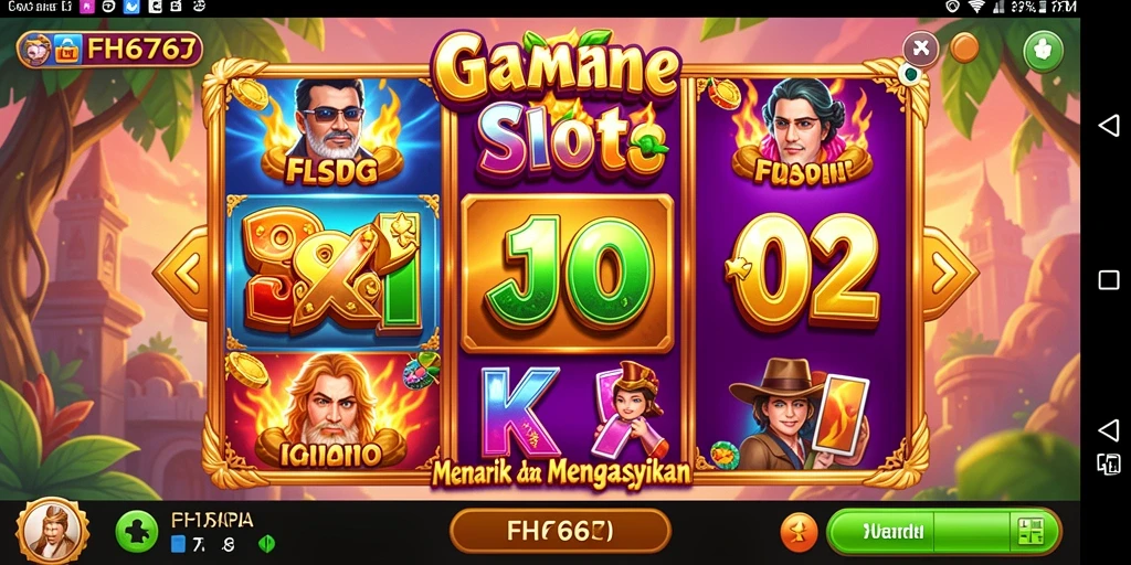 Tampilan gameplay FH6767 yang memukau di layar dengan berbagai simbol slot.