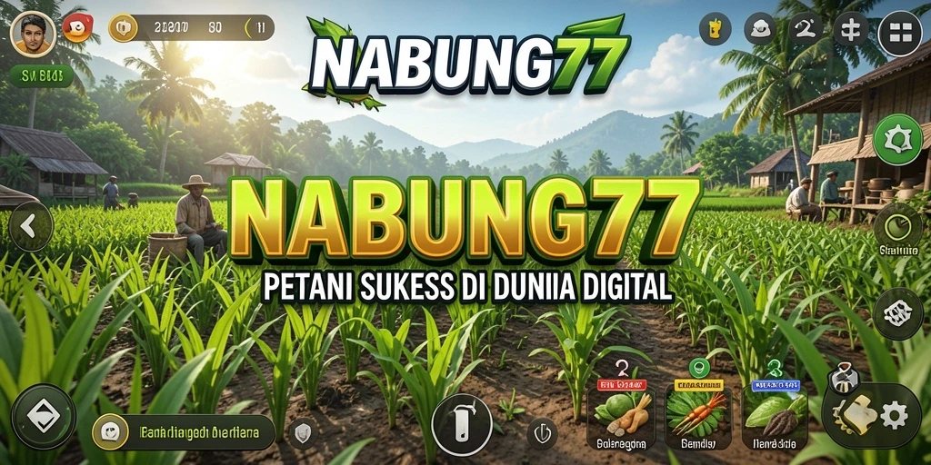 Screenshot NABUNG77 menampilkan kebun yang subur dan tanaman yang beragam.