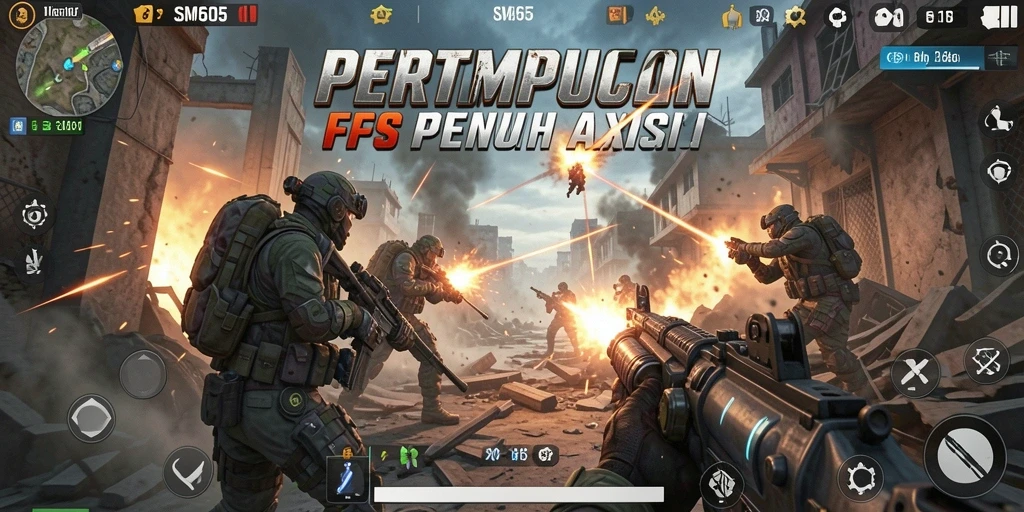 Screenshot SM605 menunjukkan aksi seru gameplay FPS.