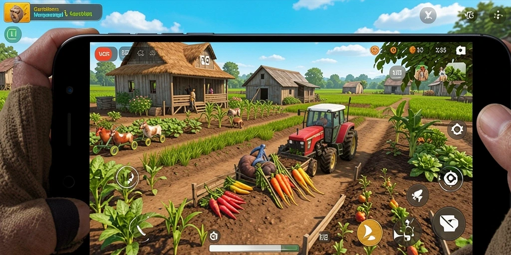 Menampilkan aktivitas seru dalam gameplay bertani VC55.